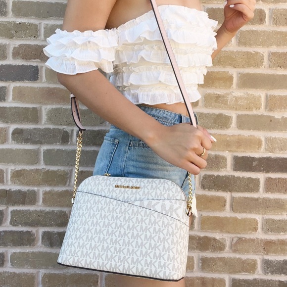 Michael Kors Jet Set Medium Dome Crossbody Vanilla Signature Powder Blush Pink - Picture 6 of 7